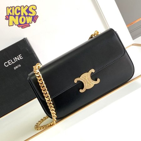 Celine Triomphe Chain Shoulder Bag With Rhinestone Lock In Shiny Calfskin Black