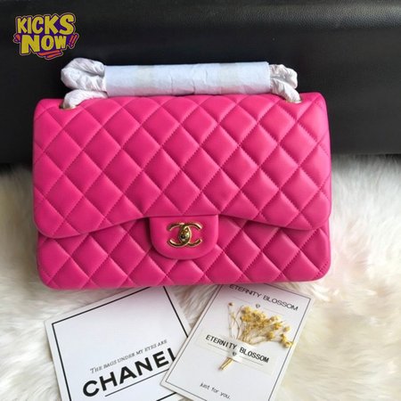 Chanel Classic Double Flap Quilted Lambskin Gold-tone Jumbo Pink