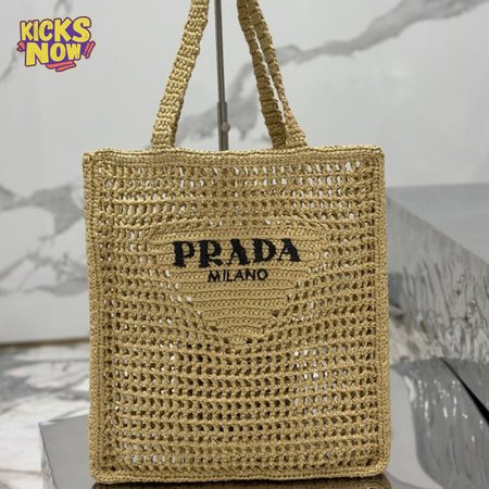 Prada Logo-Print Raffia Tote