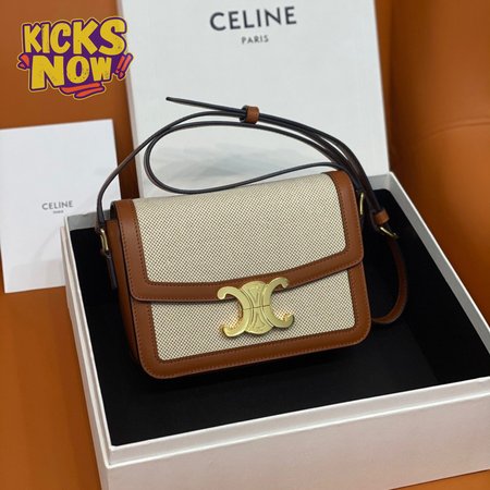 Celine Teen Triomphe Bag In Textile And Calfskin Natural/Tan