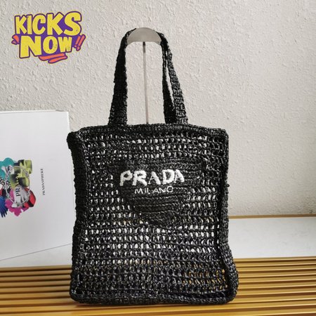Prada Raffia Tote Bag Black 1BG393