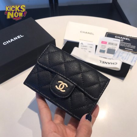 Chanel Card Holder Quilted Caviar Gold-tone Black