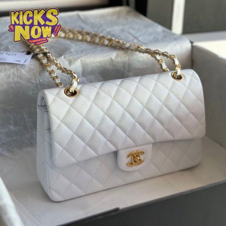 Chanel White Quilted Caviar Medium Classic Double Flap Light Gold Hardware
