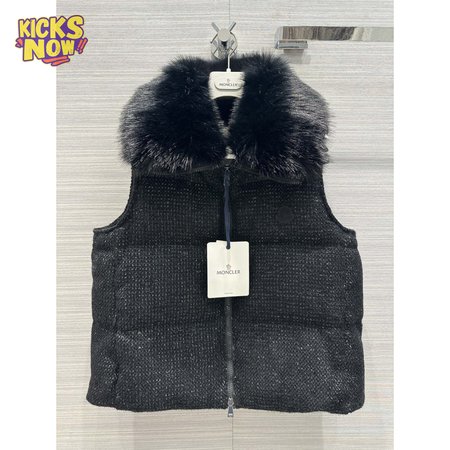 Moncler Carrelet Fur-Collar Tweed Vest Black Women's