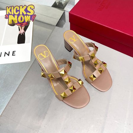 Valentino Roman Stud Calfskin Slide Sandal 60mm Rose Cannelle 35-41